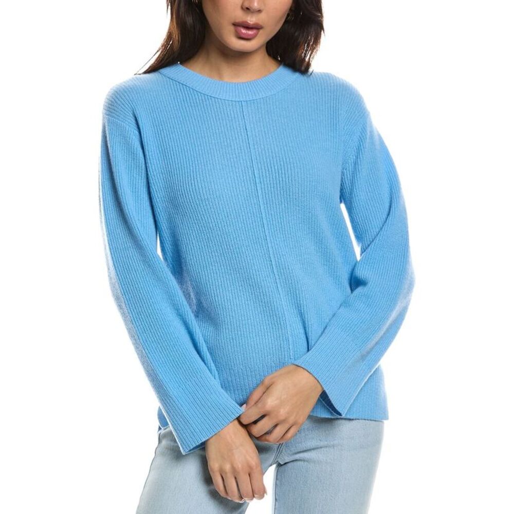 Forte Cashmere Womens Rib Easy Crewneck 100% Cashmere Sweater, Blue